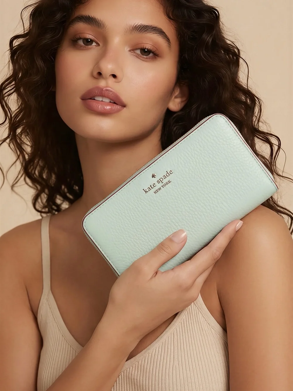 kate spade Mint Zip-Around Pebbled Leather Wallet